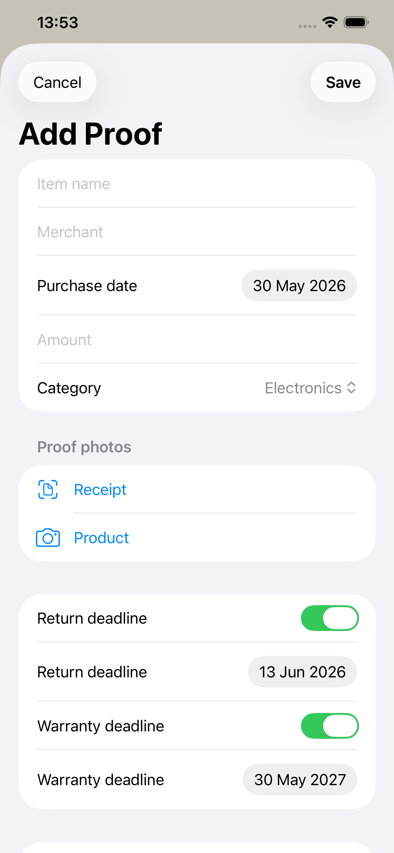ProofPocket add proof form with receipt and product photo options