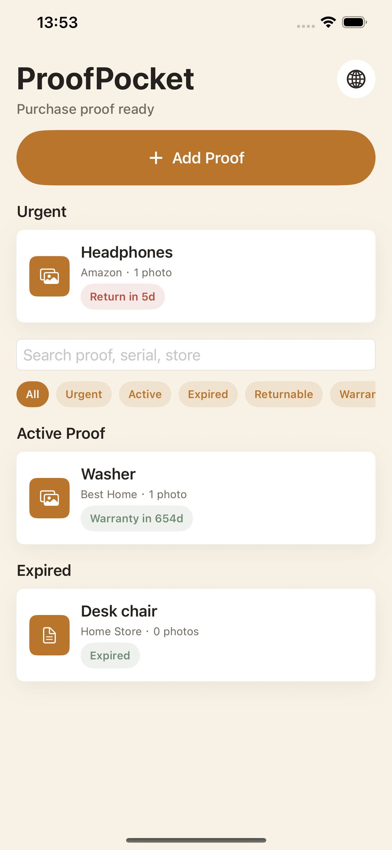 ProofPocket dashboard with urgent, active, and expired purchase proofs