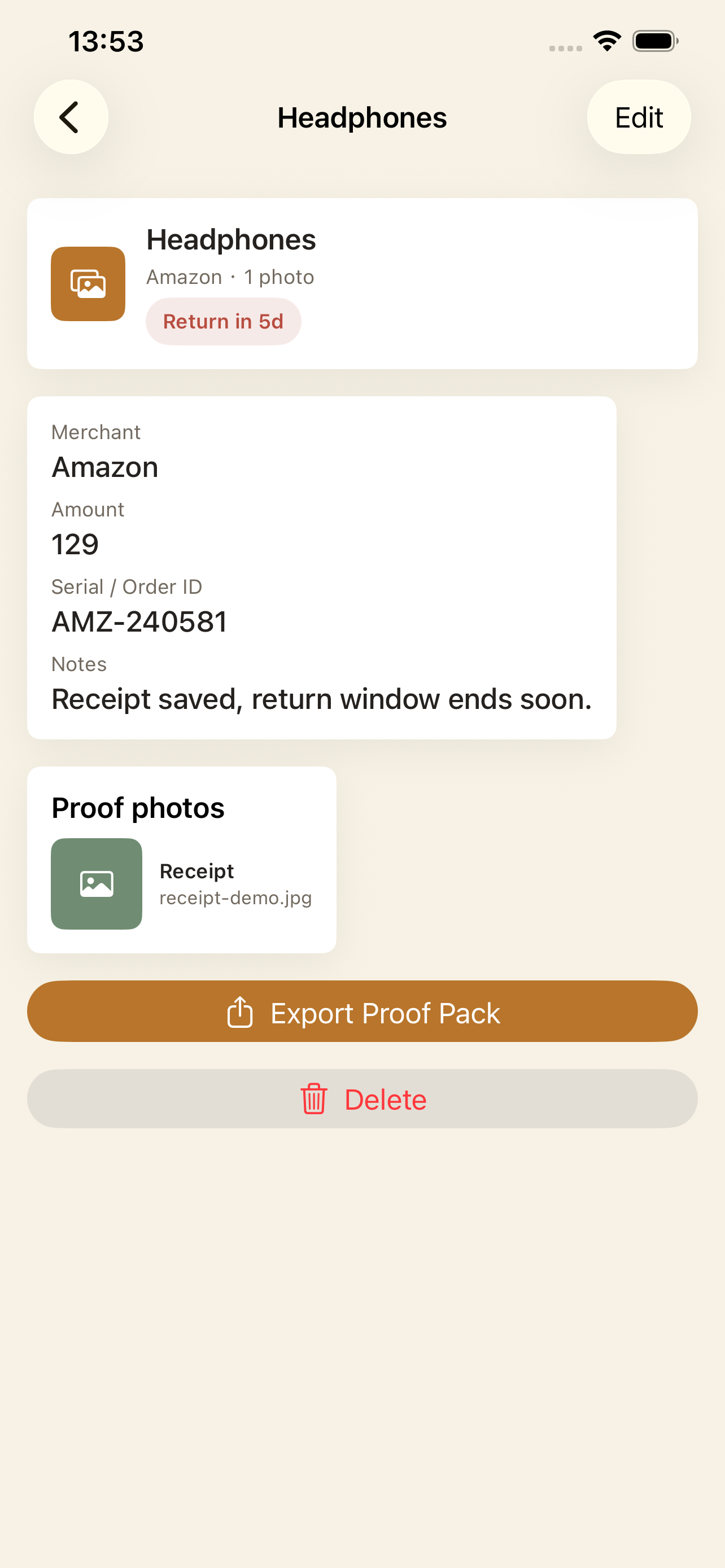 ProofPocket detail view with proof photos and export button